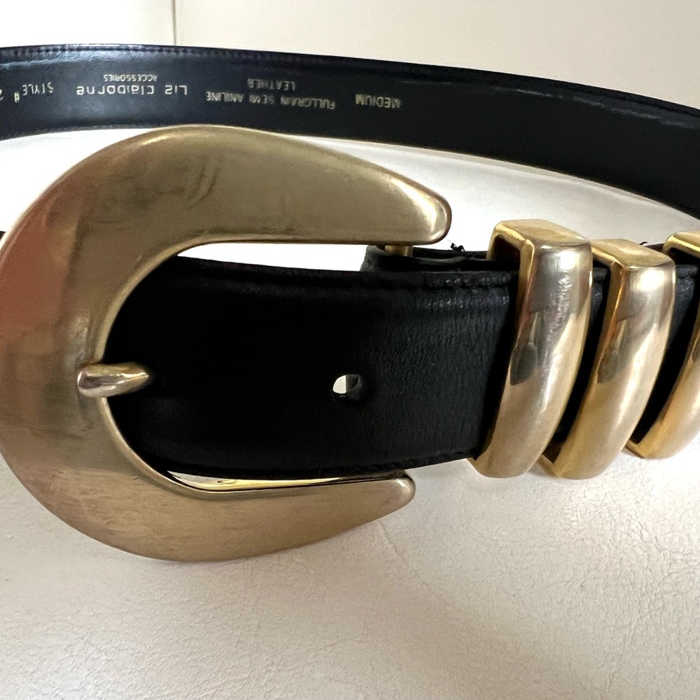 Vintage Liz Claiborne Black Leather Belt with Gold Buckle